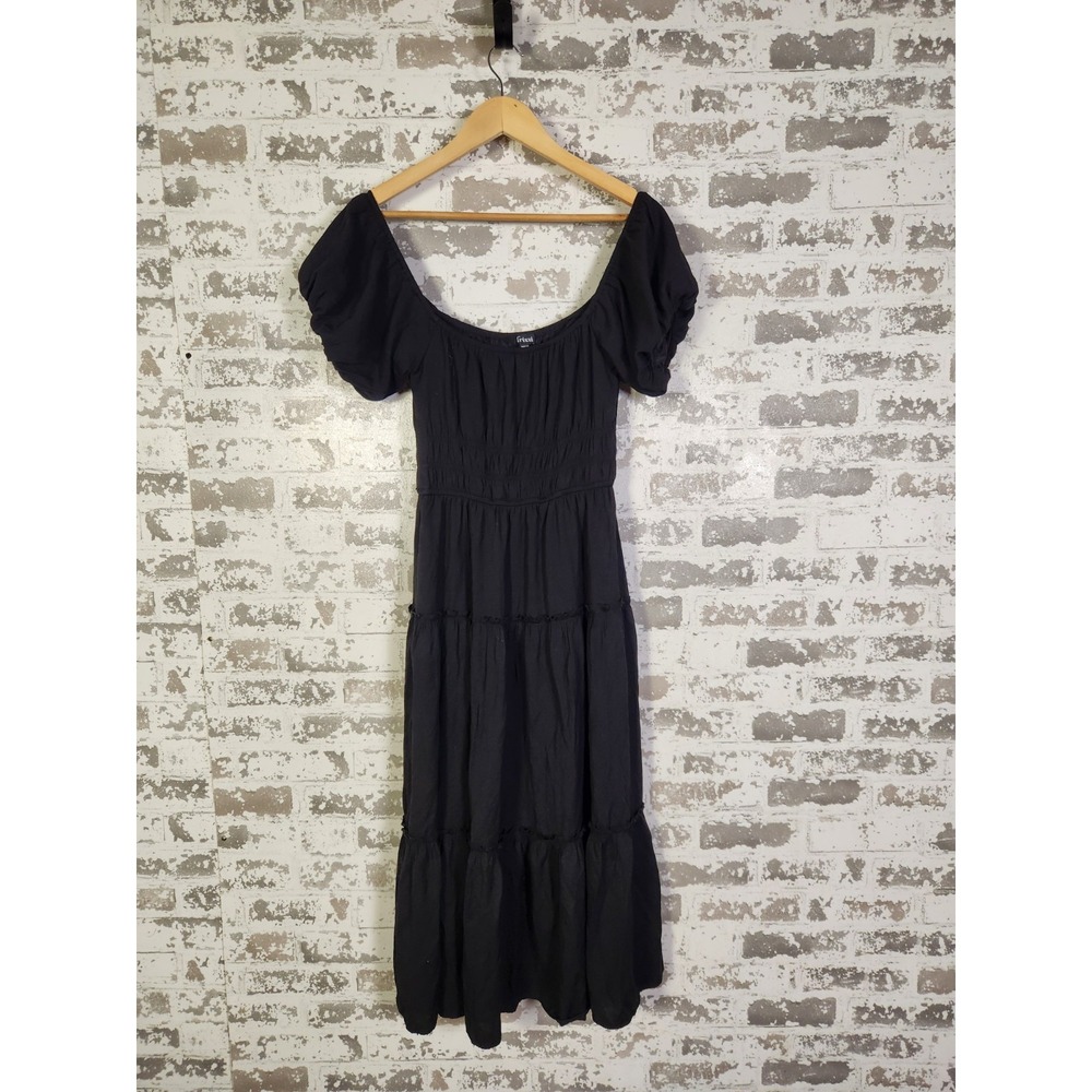 Cottagecore Tiered Maxi Dress Small Black Boho Milkmaid Peasant Smocked Waist